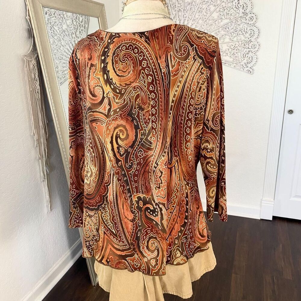 Vintage Made in USA Fairycore Boho Brown Paisley Handkerchief Asymmetric Top L - Picture 5 of 8